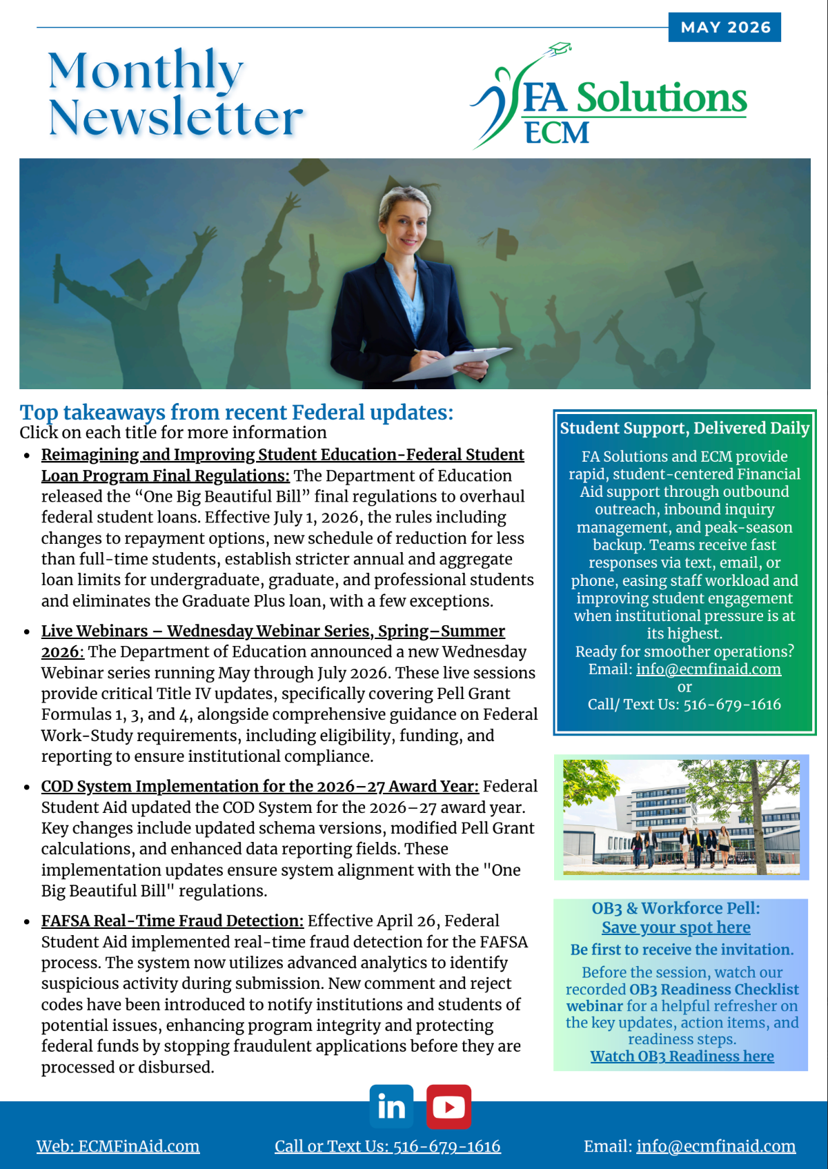 Monthly newsletter for EA Solutions EM with article text, a man in a suit, and blue-green panels