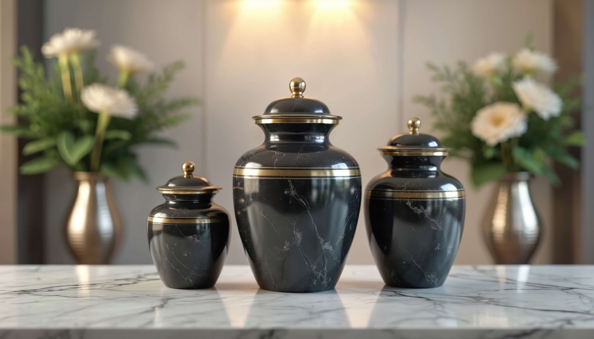 Three black marble cremation urns with gold bands sit on a marble surface, flanked by two vases of white flowers.