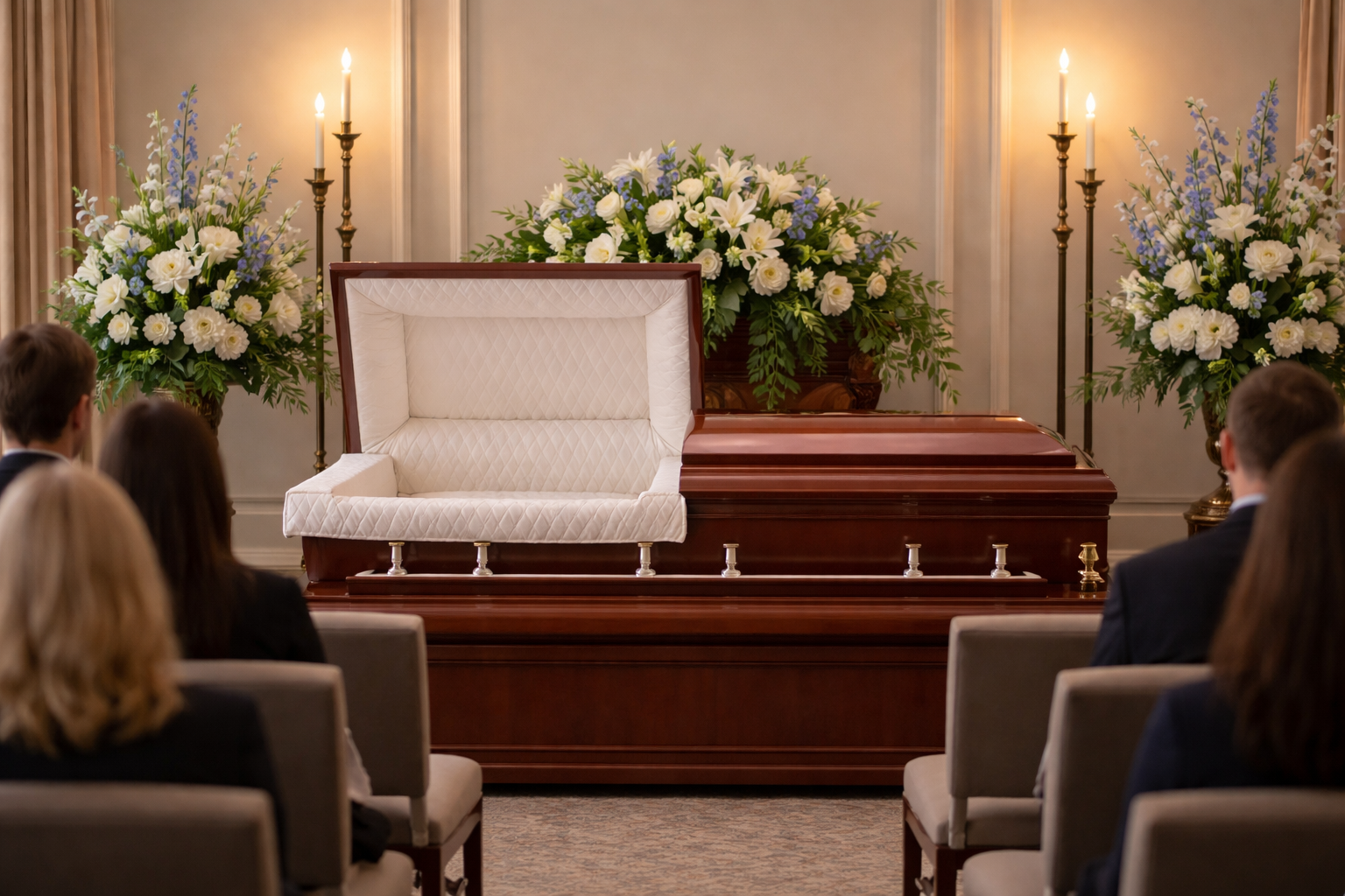 A funeral service with mourners seated before an open wood casket flanked by flower arrangements in a room with warm lights.