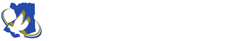 A blue, abstract map-like shape with a white bird flying in front of it and curved golden lines underneath.