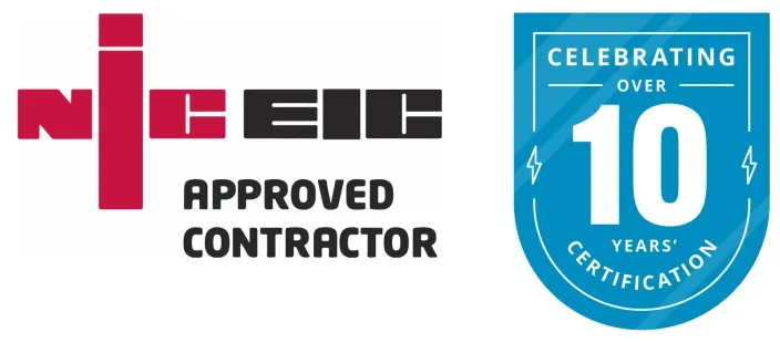 NICEIC Approved Contractor celebrating over 10 years of certification logo