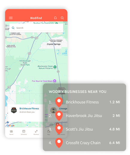 A mobile app showing nearby fitness businesses on a map, with a list of locations and distances.