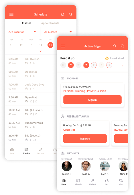 Two mobile phone screens displaying a fitness app: a class schedule and an active fridge.