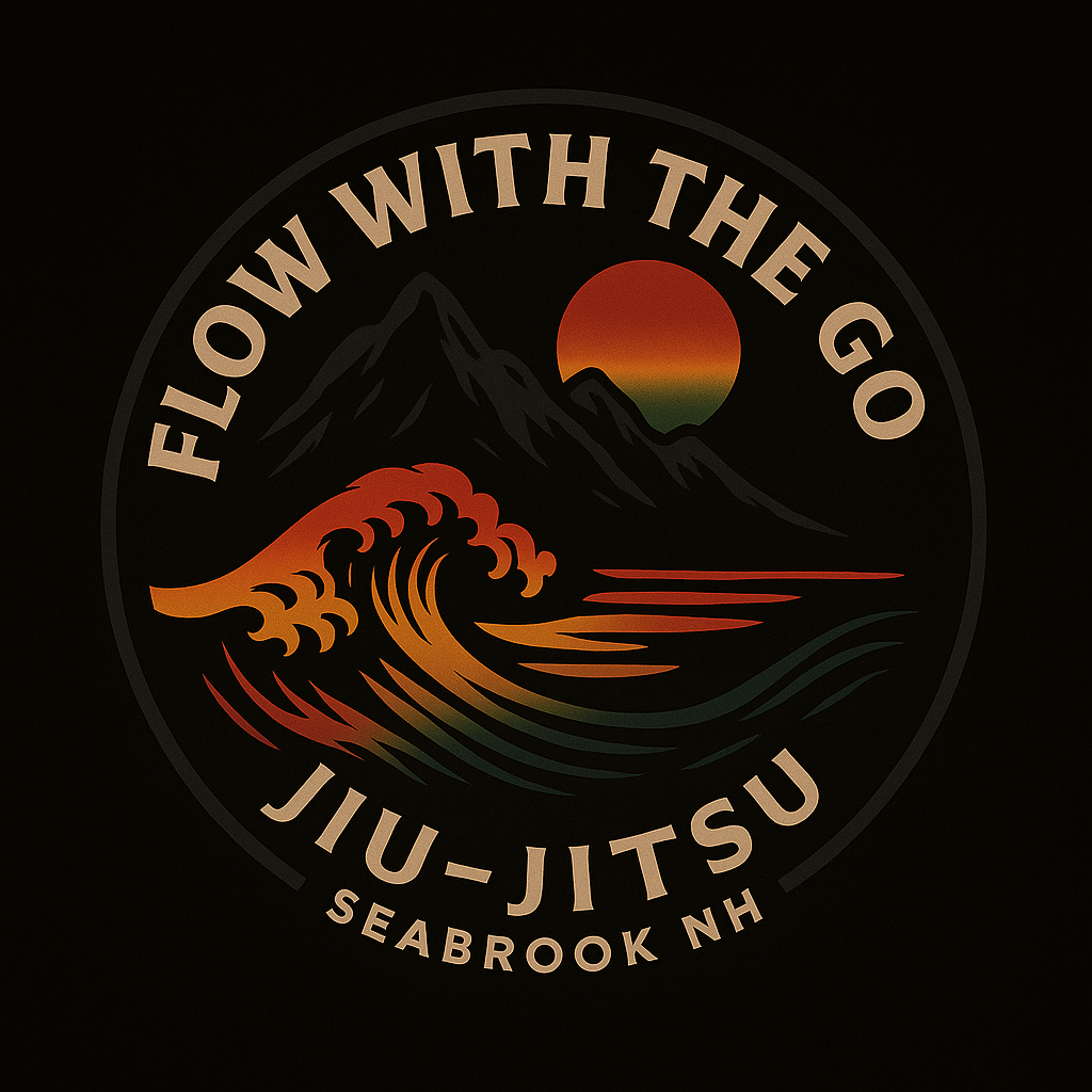 Circular Jiu-Jitsu logo with a wave, mountains, and sunset. Text: "Flow with the Go" and "Seabrook NH".