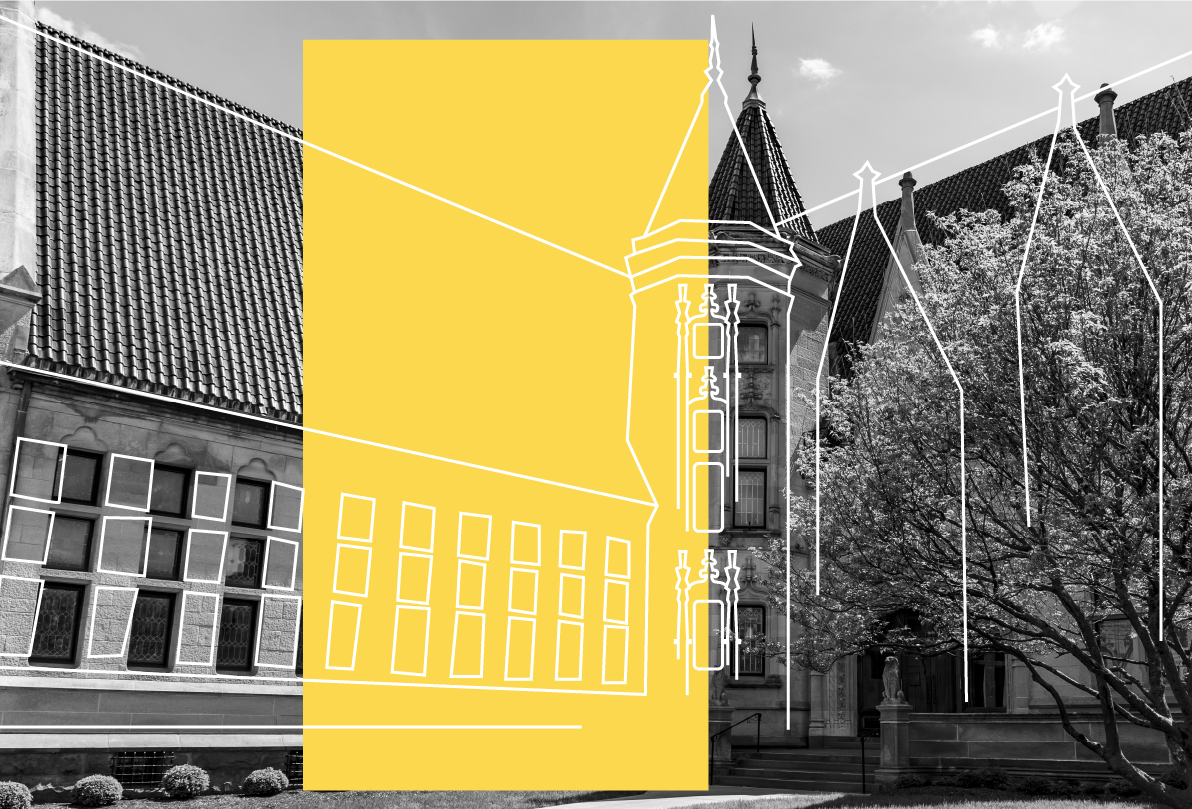 A black and white photo of a building with a yellow square in the middle.