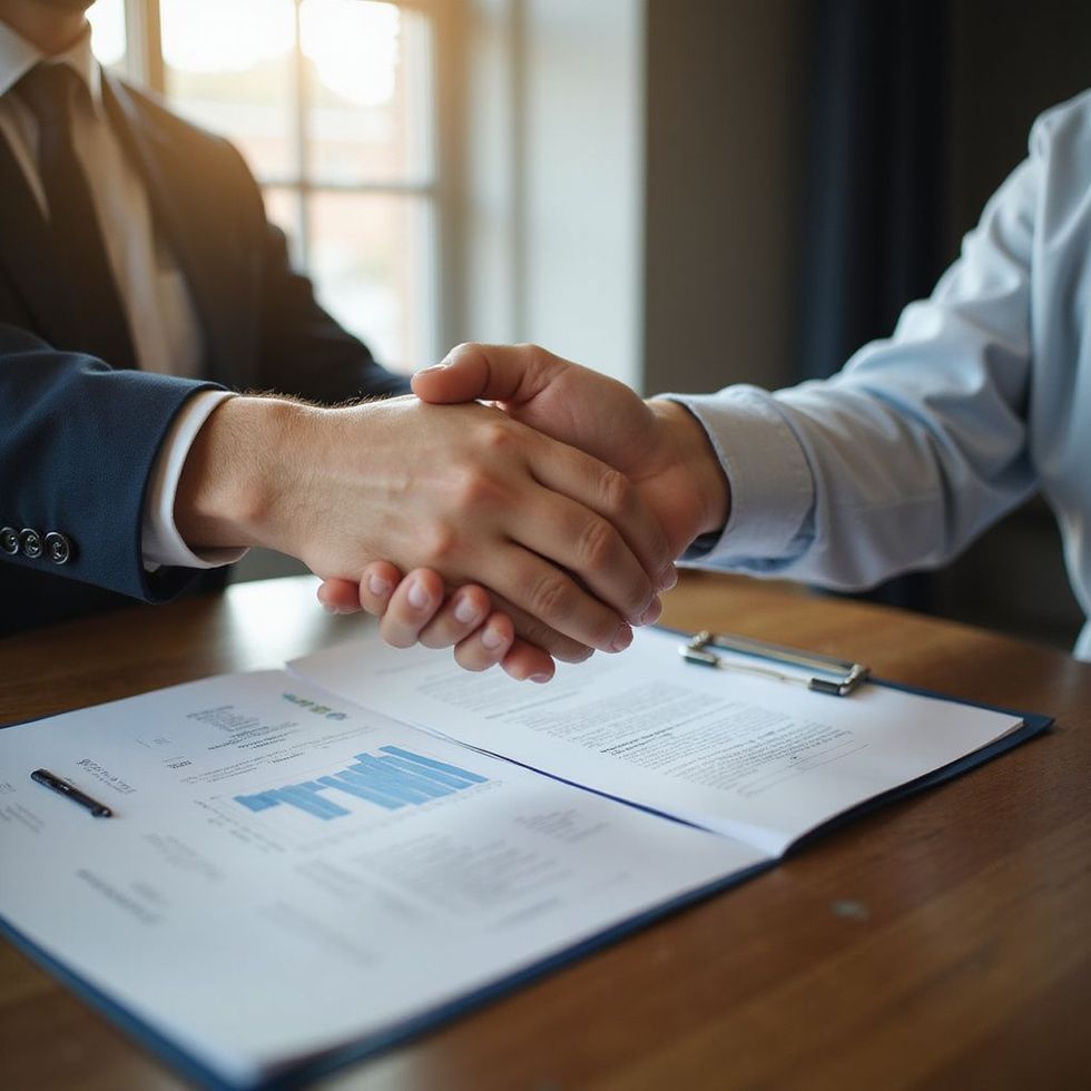 Two people in business attire shaking hands over a document.