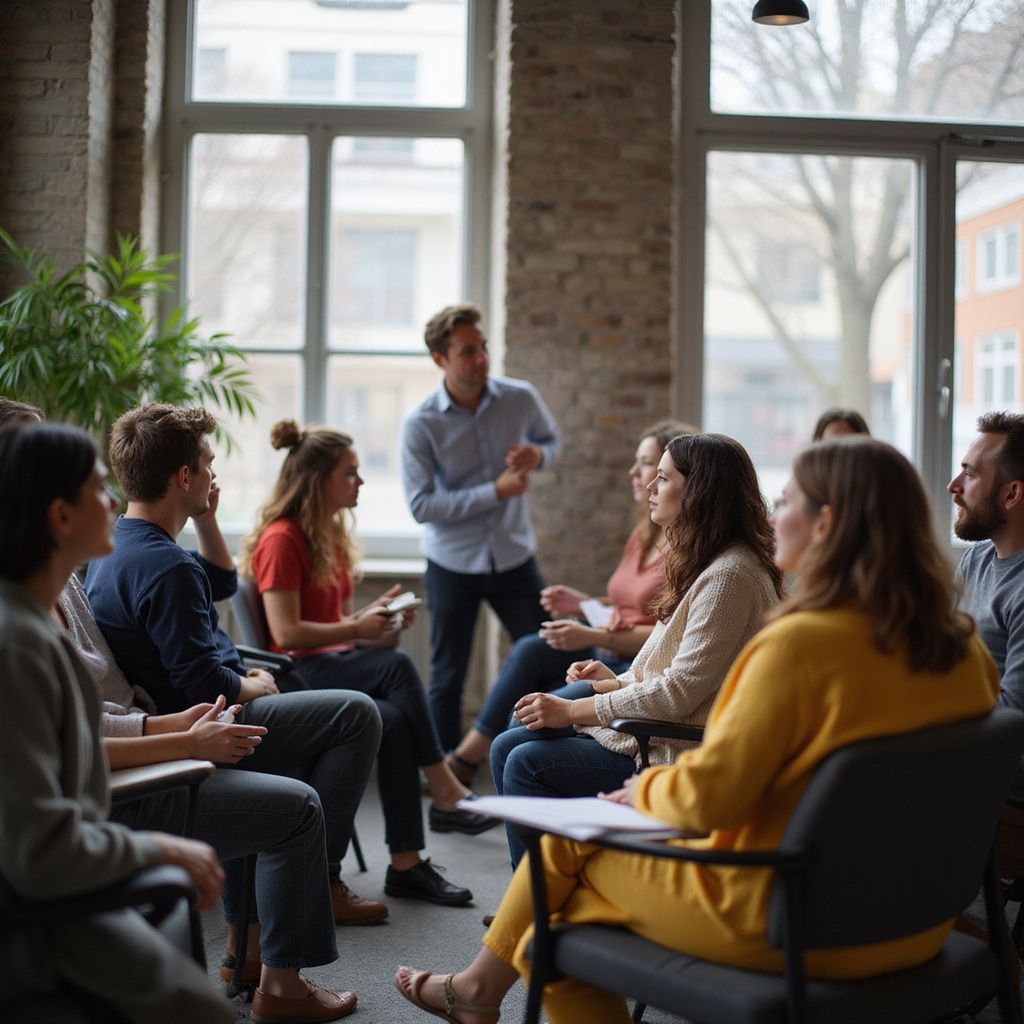 Group of people in a light-filled room, seated in a circle, listening to a man speaking.