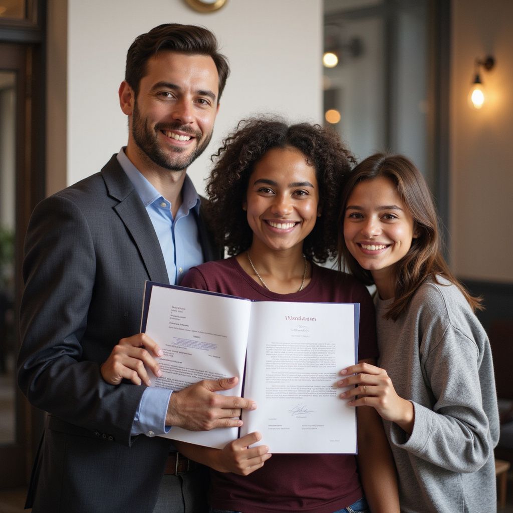 Three people smiling, holding open document. Office setting. Man in suit, two women in casual wear.