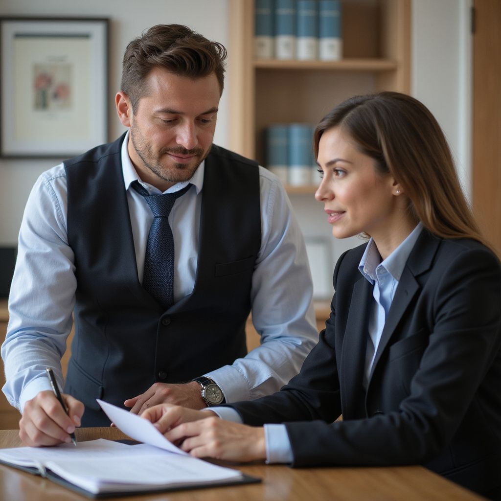 A man and woman in suits review documents together at a desk.