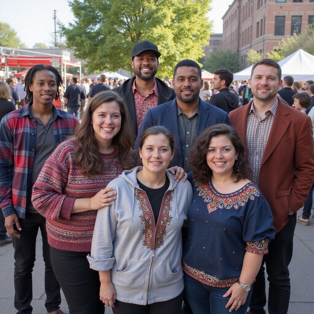 Group of seven people posing for a photo outdoors. They are diverse, smiling, and standing close together.
