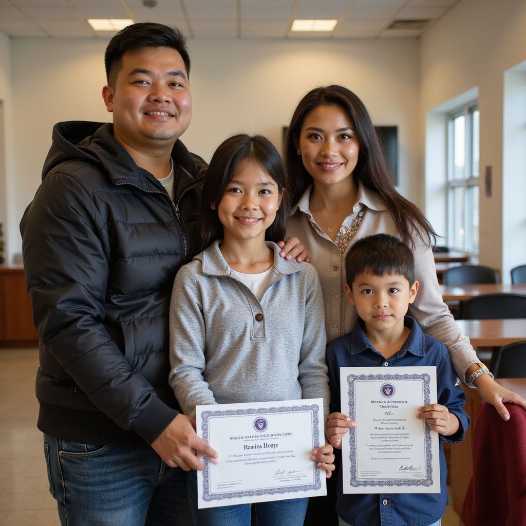Family of four smiles holding framed certificates in an office-like setting.