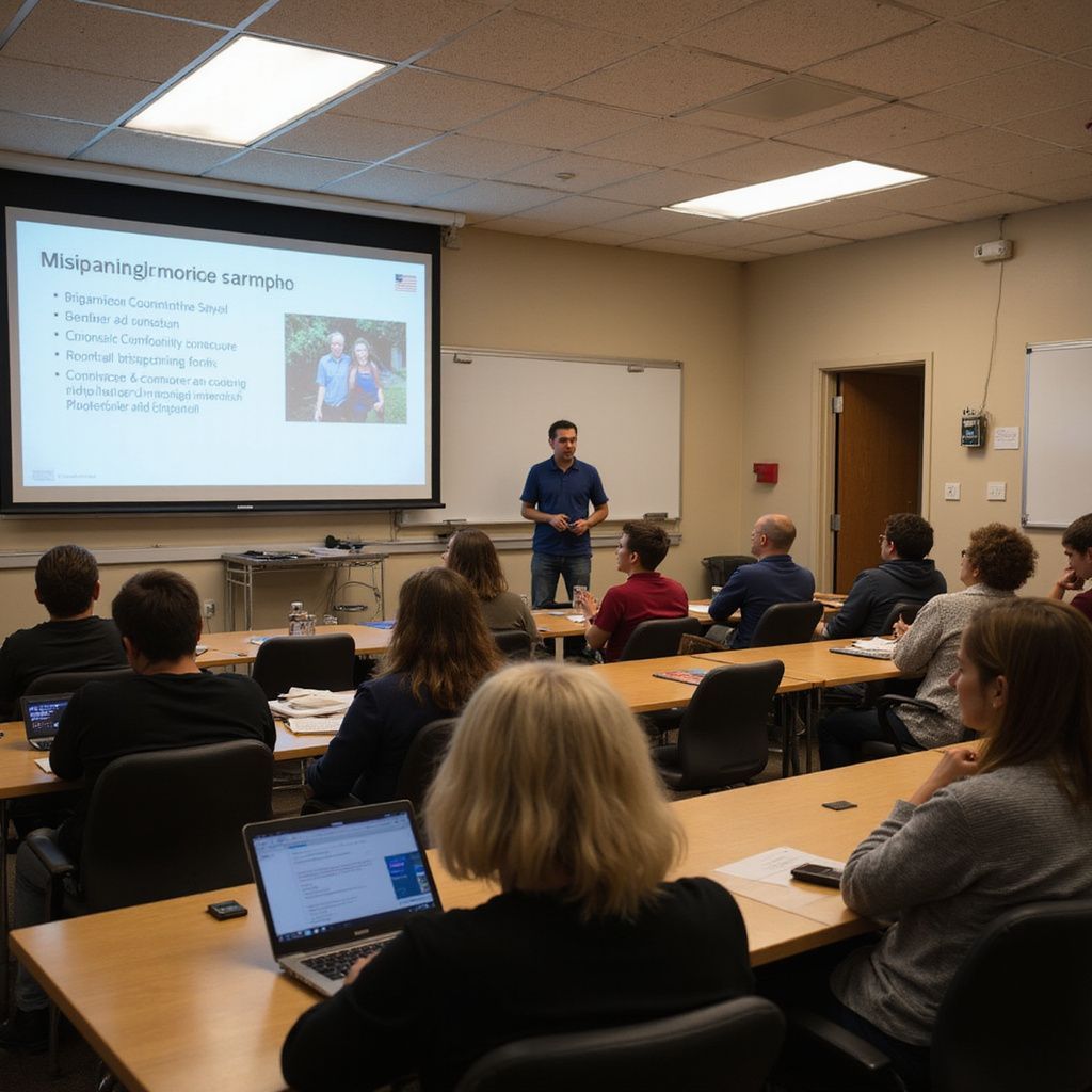 A man lecturing in a classroom with students; a projector screen displaying notes; rows of students seated at desks.