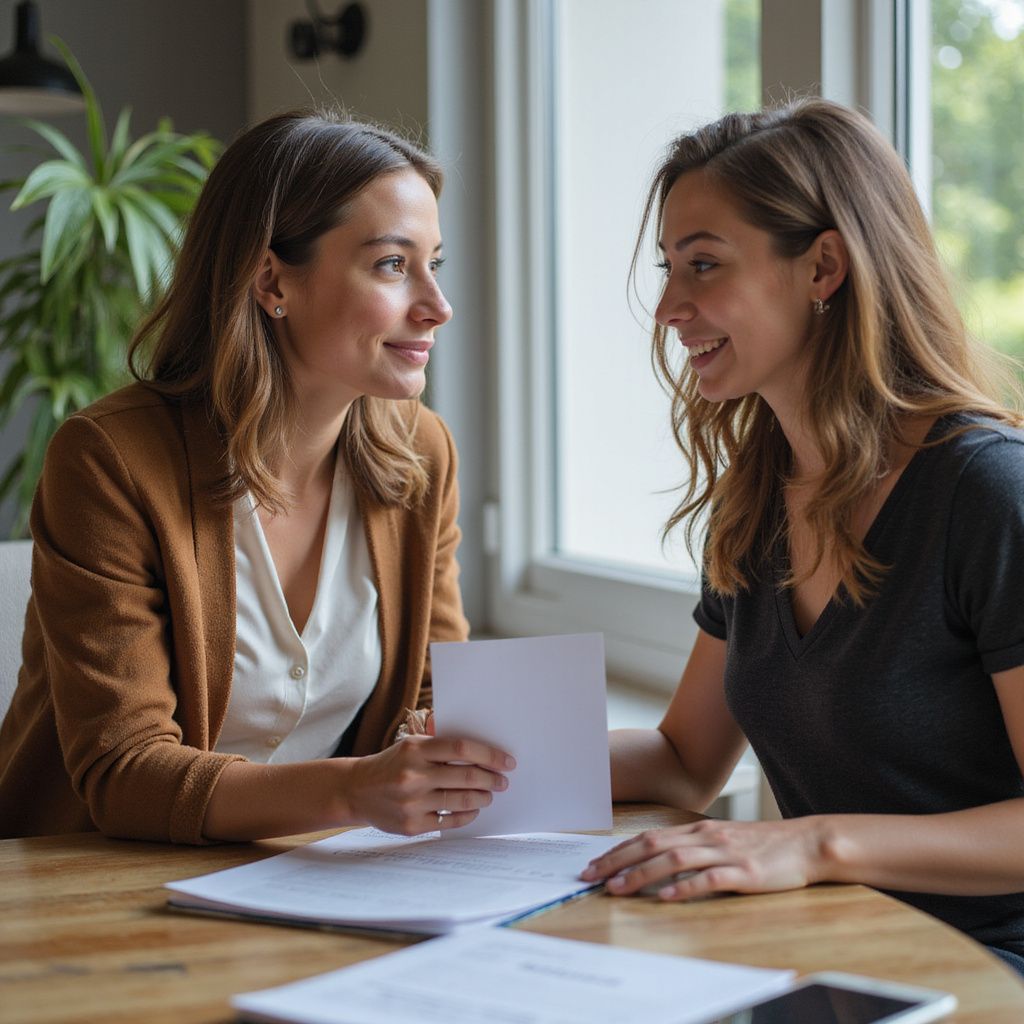 Two women at a table, smiling and looking at paperwork. One in a brown blazer, the other in a black shirt.