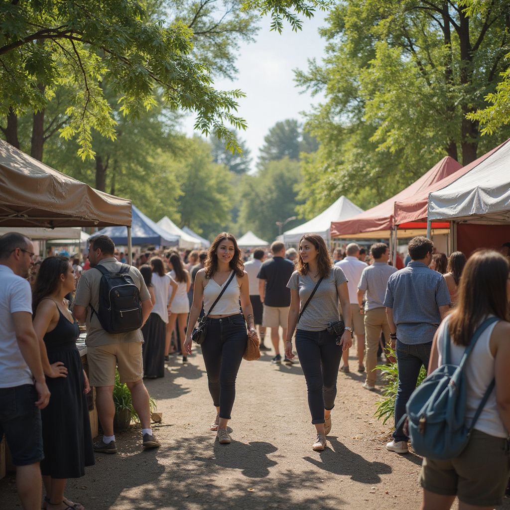 People walking through a busy outdoor market with vendors, under trees, on a sunny day.