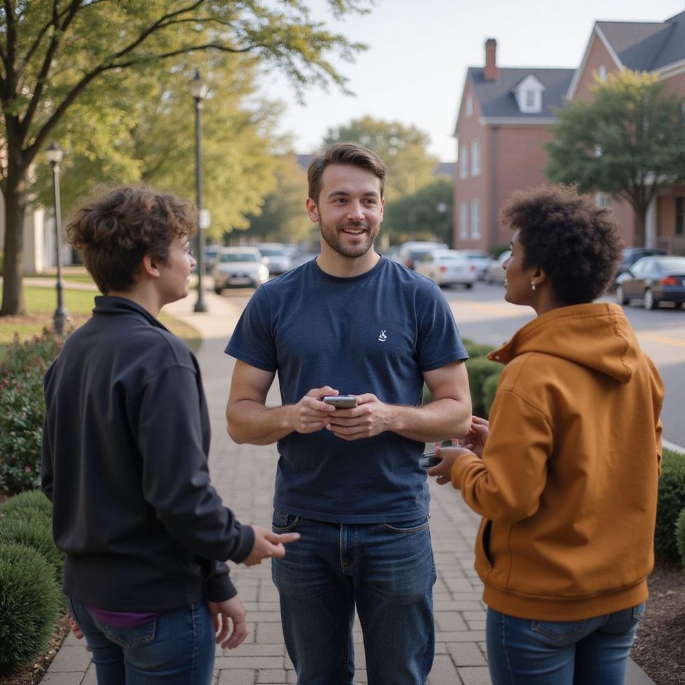 Three people talking on a brick path outdoors. Man in blue shirt holds phone, smiles. Others wear jackets. Cars and buildings in background.