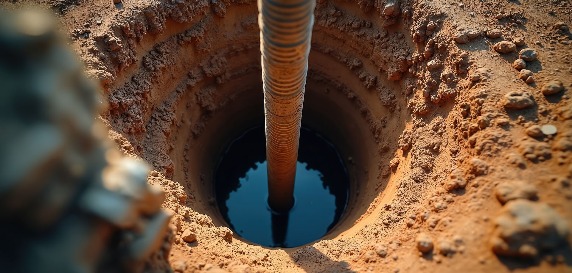 Water well contractor installing well casing in a newly drilled water well excavation site.
