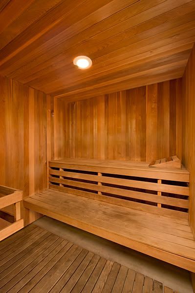 Wood-paneled indoor sauna with built-in benches and a ceiling light.