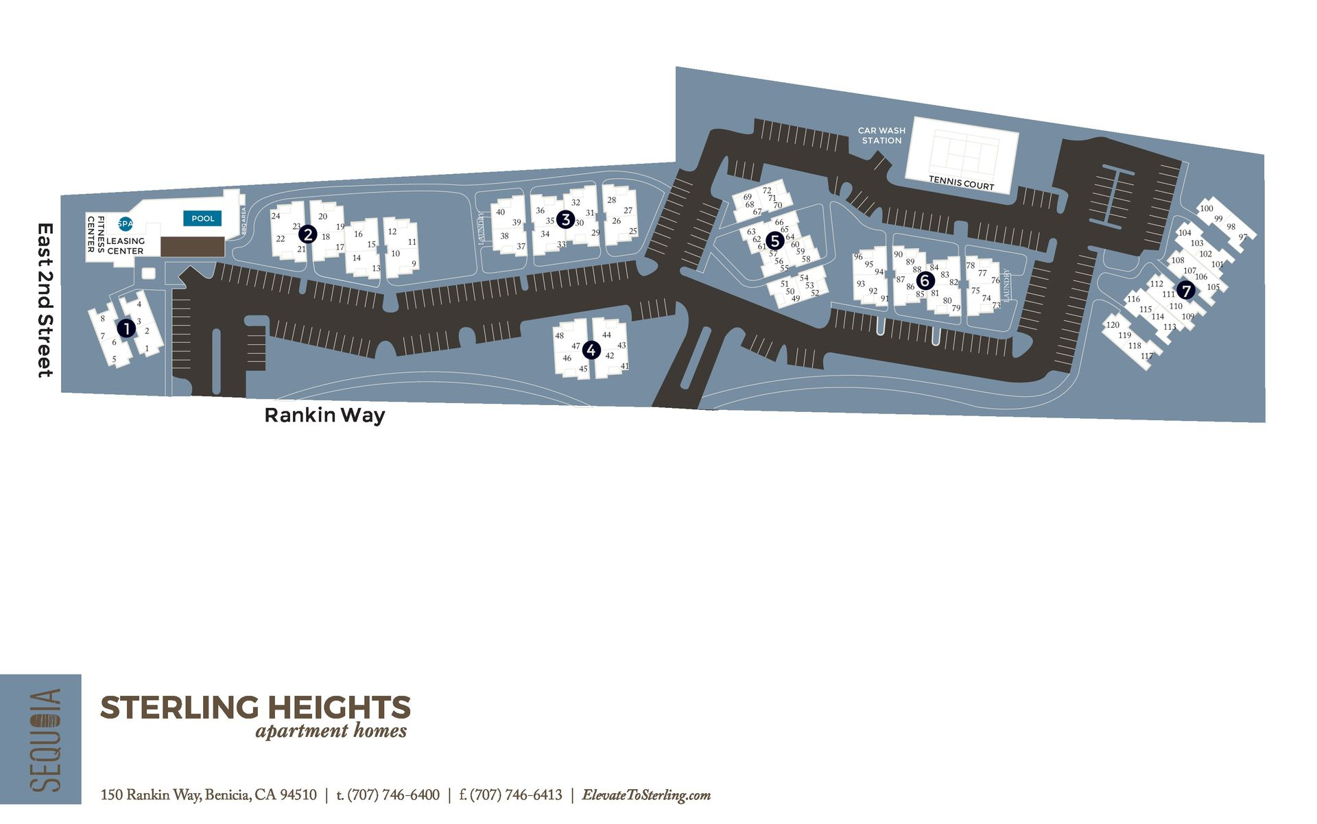 Sterling Heights site map with streets, buildings, and a dark blue-gray layout on white background