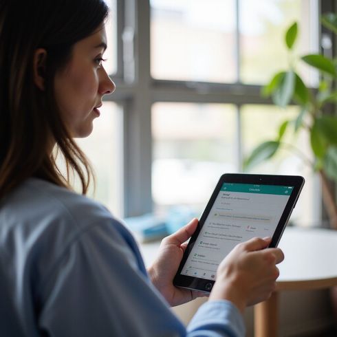 Woman in blue scrubs using a tablet indoors, near a window and plant.