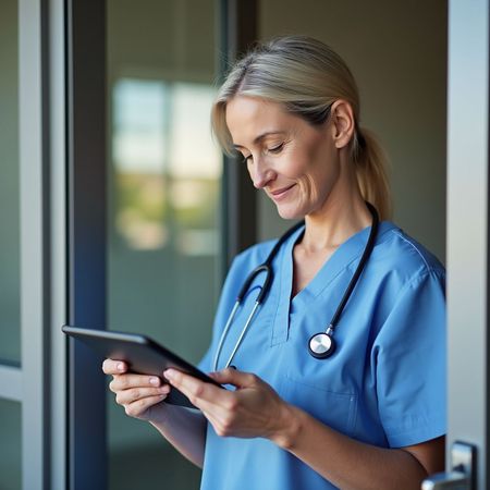 Blonde medical professional in blue scrubs, stethoscope, looks at tablet, smiling, doorway.