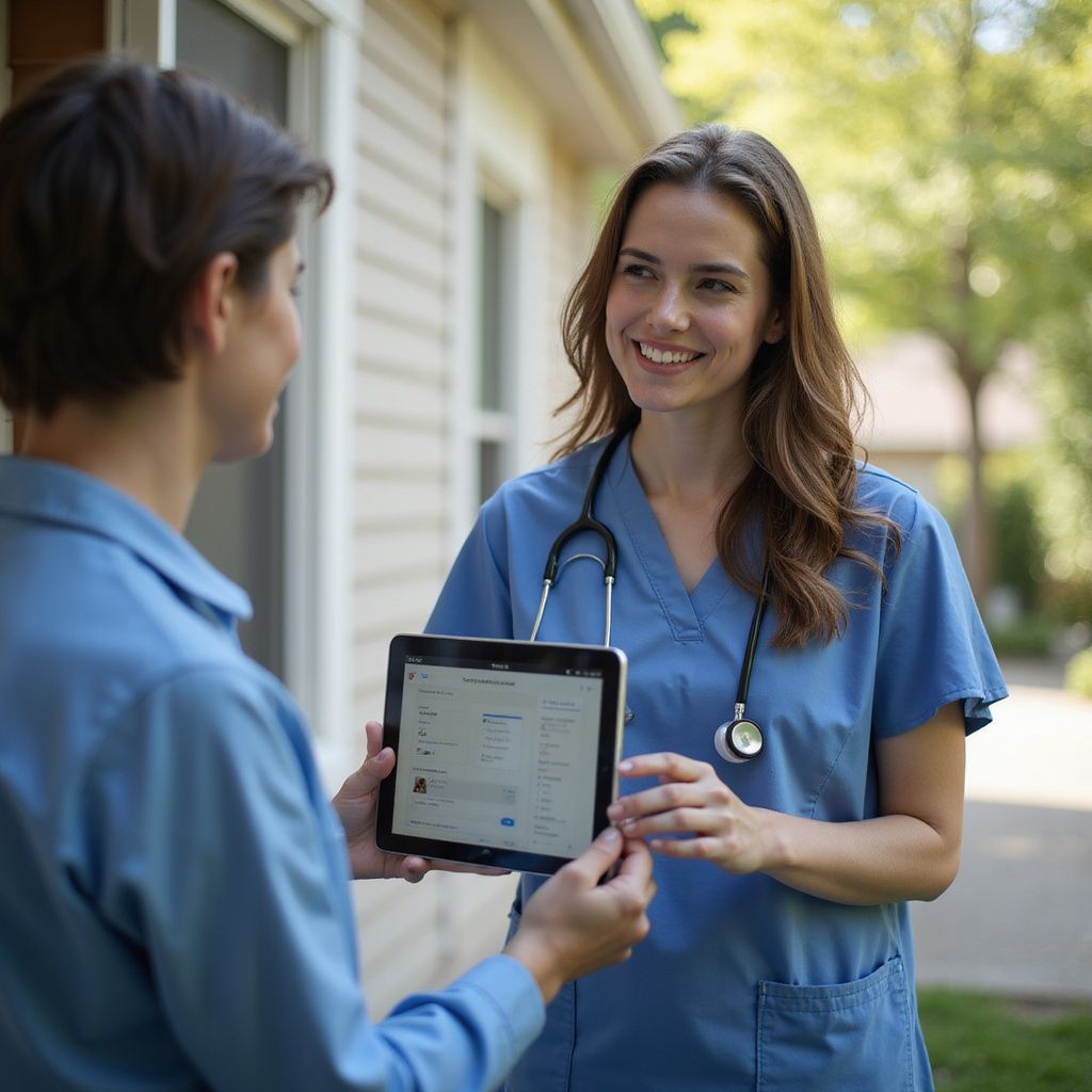A healthcare worker in scrubs smiles at a patient, holding a tablet. Outdoors by a house.