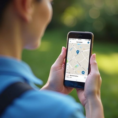 Person holding a smartphone showing a map with two blue location markers outdoors.