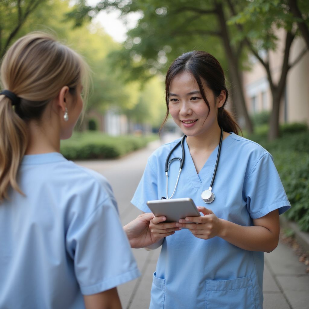 Two nurses in blue scrubs outdoors, one holding a tablet, speaking to the other.
