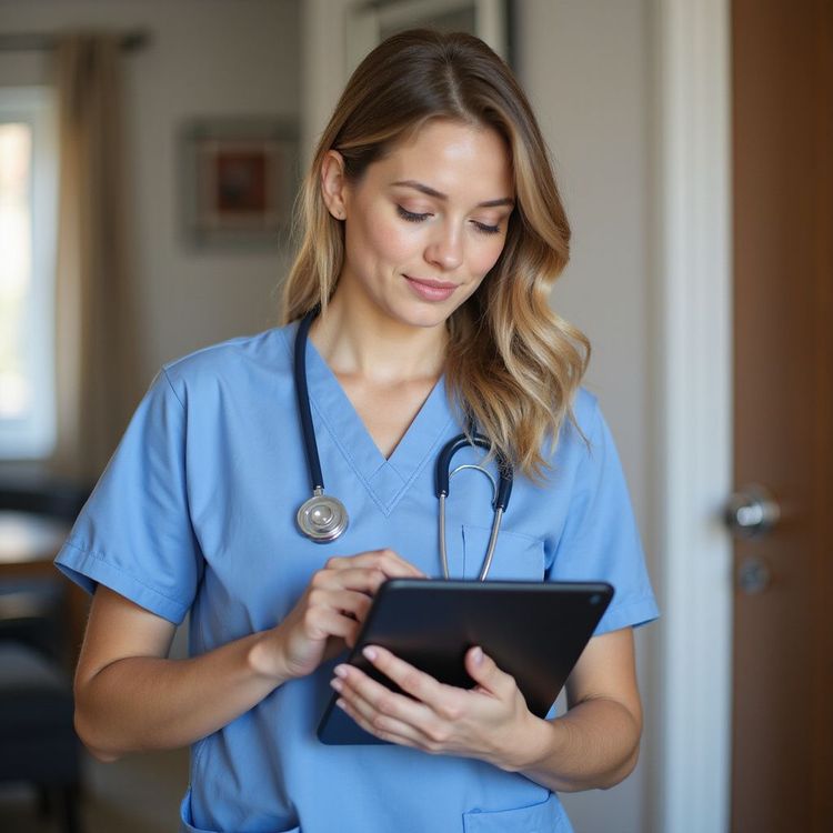 Woman in blue scrubs using a tablet; stethoscope around neck, looking down, indoors.