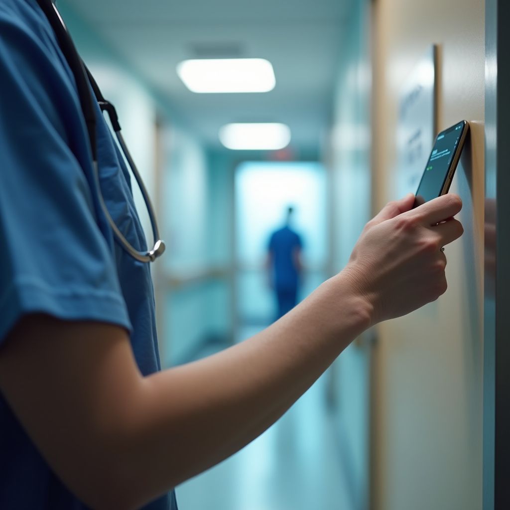 Nurse using phone to scan a device on the door in hospital hallway. Another nurse walks further down the hallway.