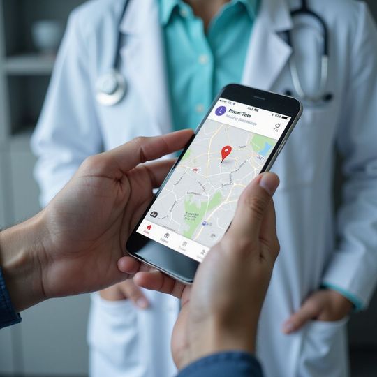 Hands holding phone with map, red pin, doctor in background.