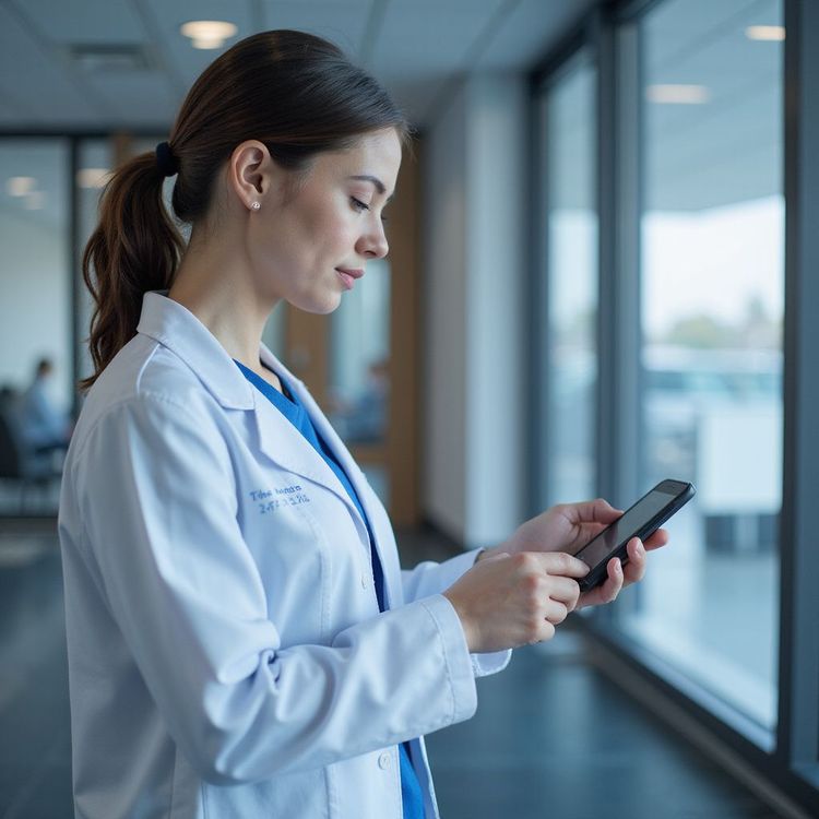 Female doctor in white coat using a smartphone in a hospital hallway.