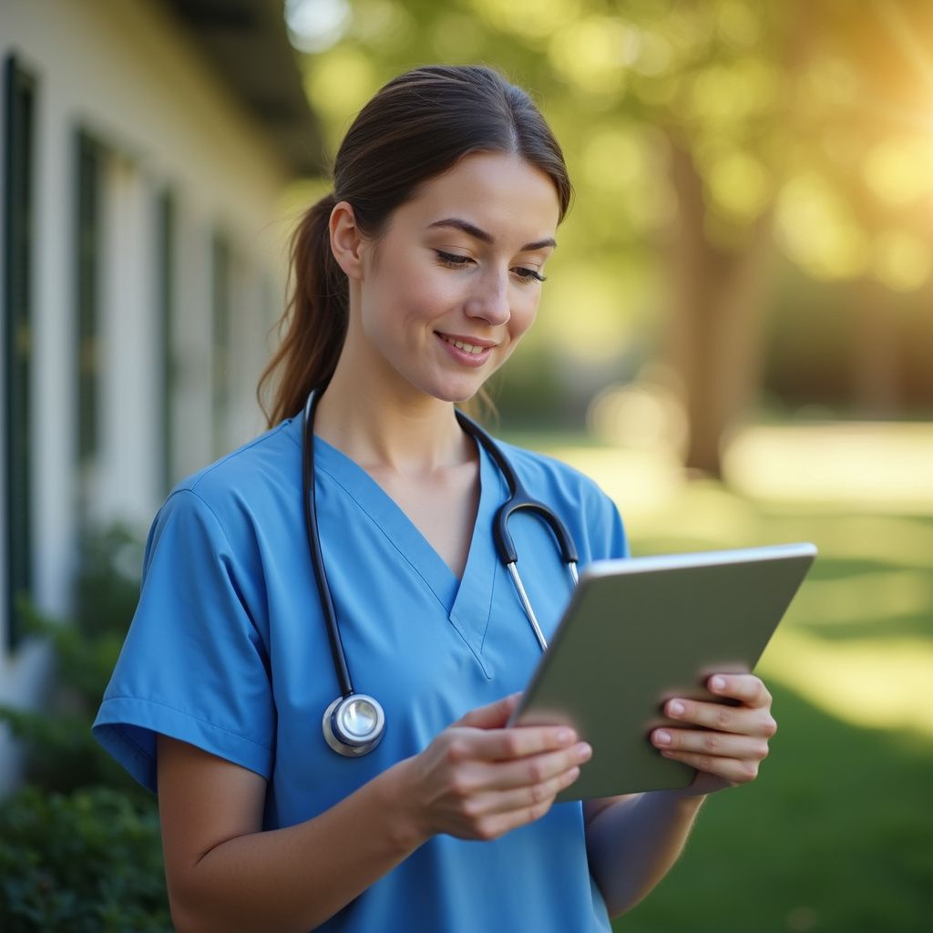 Nurse in blue scrubs outdoors, looking at a tablet, smiling, stethoscope around neck.