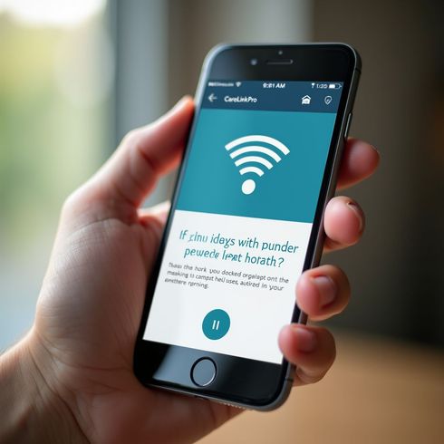Hand holding a phone displaying a teal app screen with a WiFi icon and text about mental health.