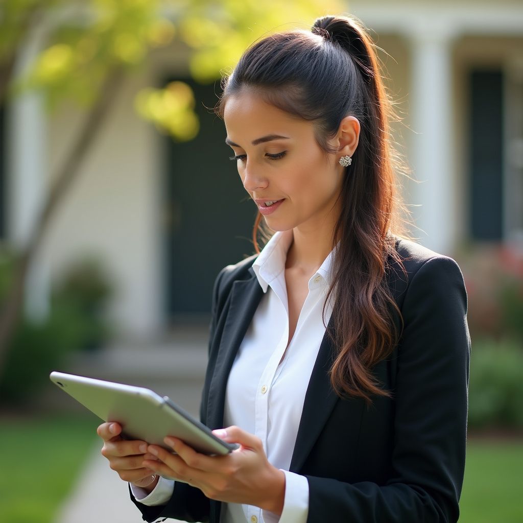 Woman in suit holding tablet, smiling, outdoors in front of a house.