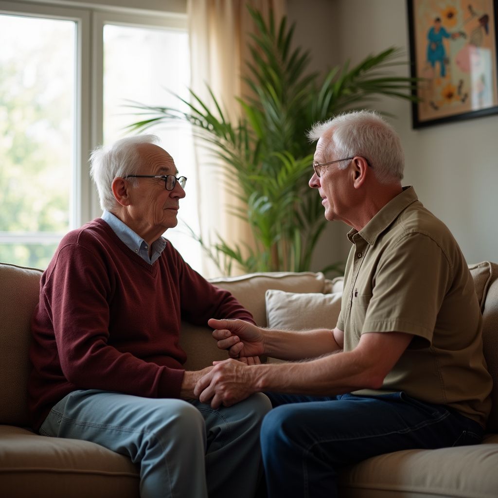 Two older men, one in maroon sweater, sitting on a couch and talking, one holding the other's hand in a living room.
