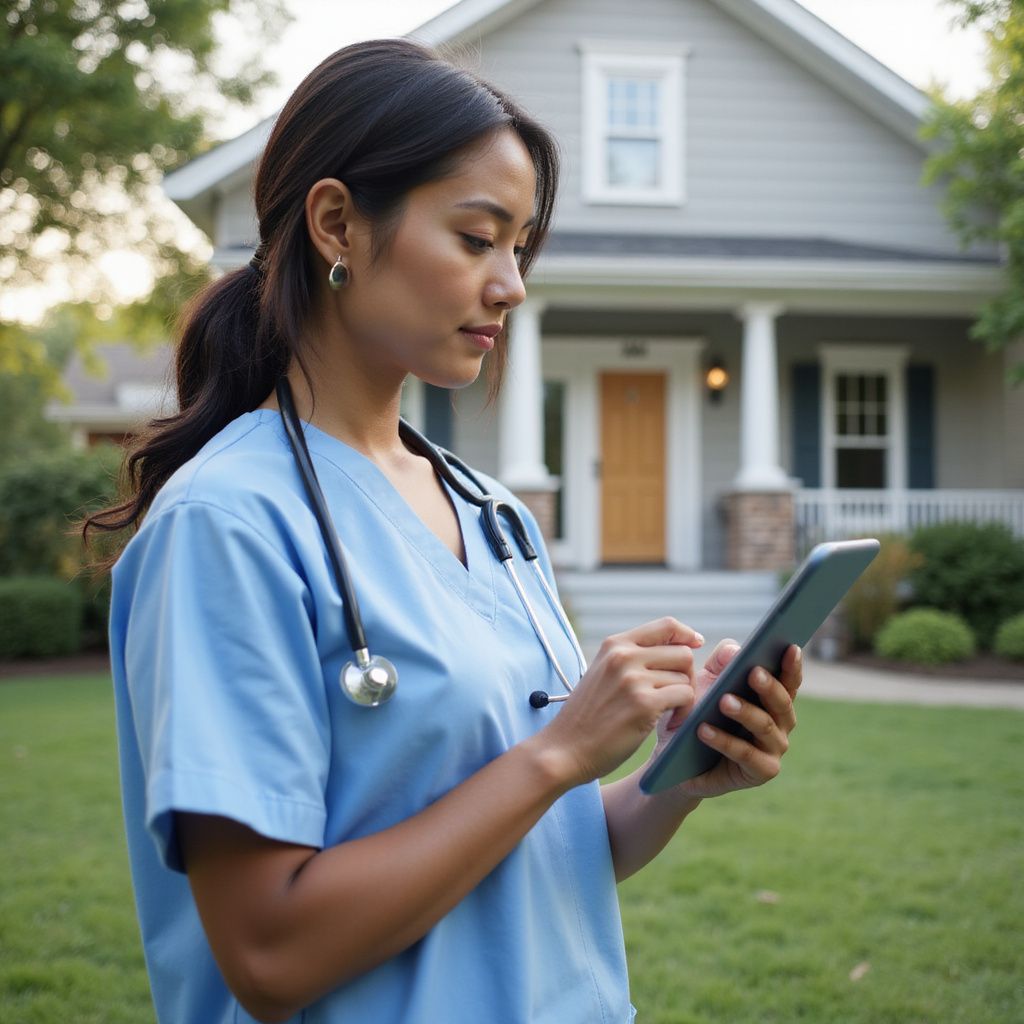 Woman in blue scrubs, with a stethoscope, uses a tablet in front of a house.
