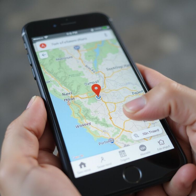Person uses a phone displaying a map with a red location pin.