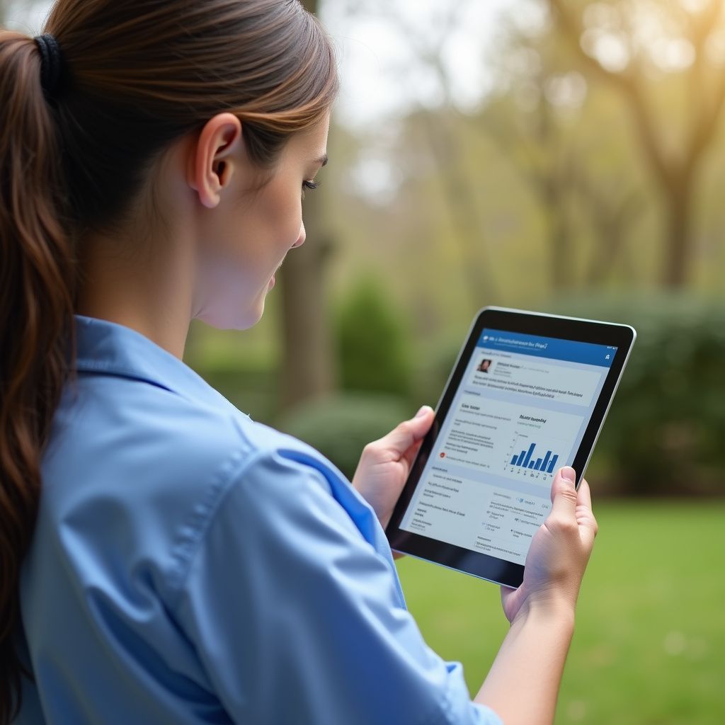 Woman in blue scrubs, ponytail, using a tablet outdoors, viewing data with graphs, smiling.