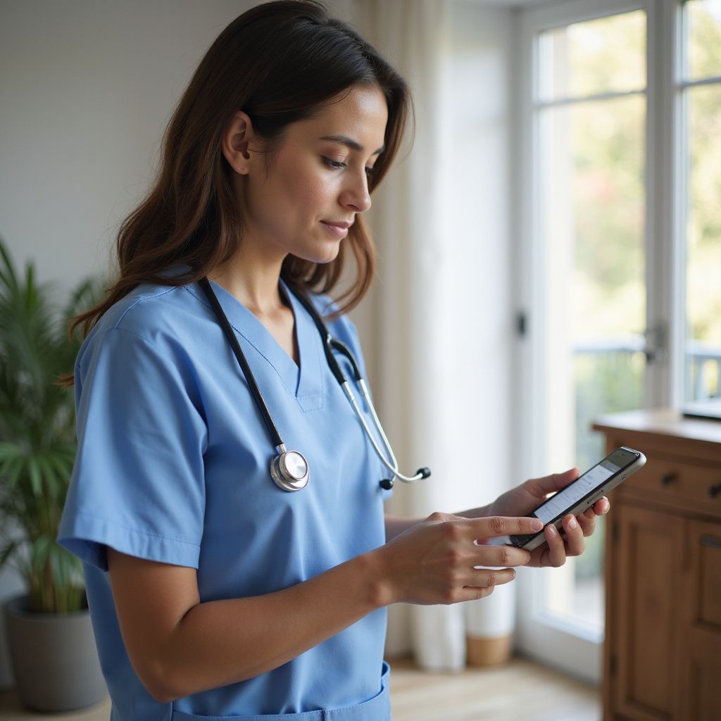 Nurse in blue scrubs, stethoscope, using a tablet near a window and cabinet.
