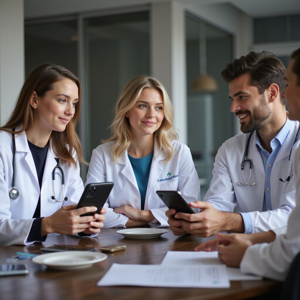 Four doctors in white coats with stethoscopes, looking at phones and papers at a table.