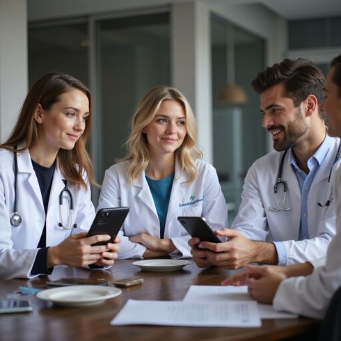 Four doctors in white coats with stethoscopes, looking at phones and papers at a table.