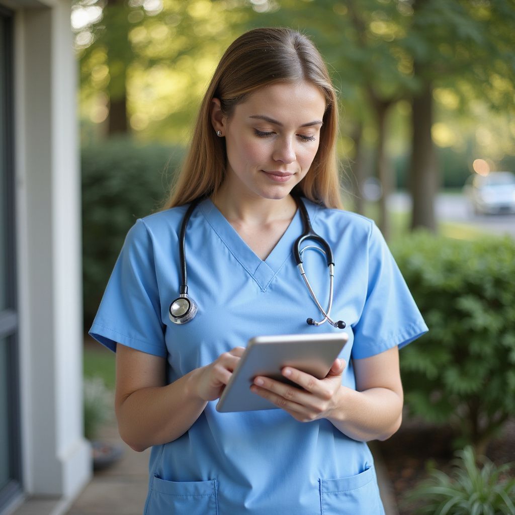 Nurse in blue scrubs, stethoscope, using tablet outdoors.