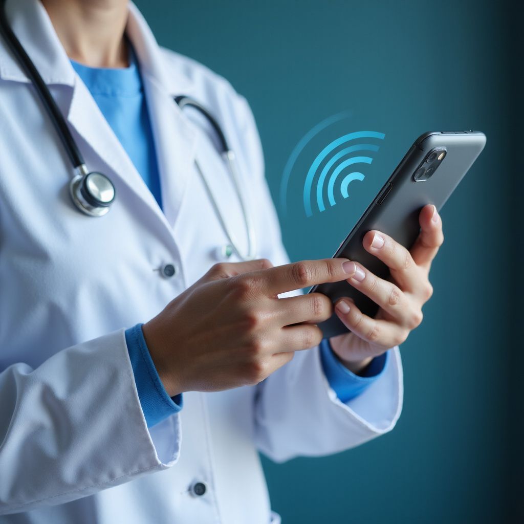Doctor in white coat using smartphone, blue signal icon, stethoscope.