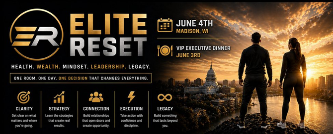 Elite Reset event poster with gold text, silhouetted people, and a city skyline at sunset