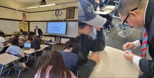 Classroom split view: students seated by a projector on the left, and two people working with hands on the right