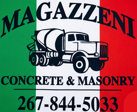 Magazzeni Concrete & Masonry logo with cement truck and phone number 267-844-5033 over Italian flag colors