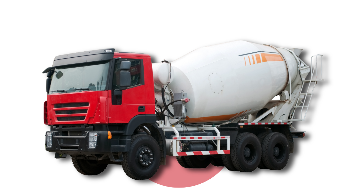 Red and white concrete mixer truck on a white background