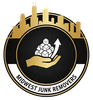 Logo: gold Chicago skyline above a gold hand holding white cubes, with an upward-pointing arrow, on a black background. "Midwest Junk Removers" in white.