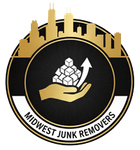 Logo: gold Chicago skyline above a gold hand holding white cubes, with an upward-pointing arrow, on a black background. "Midwest Junk Removers" in white.