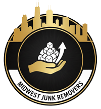 Logo: gold Chicago skyline above a gold hand holding white cubes, with an upward-pointing arrow, on a black background. "Midwest Junk Removers" in white.